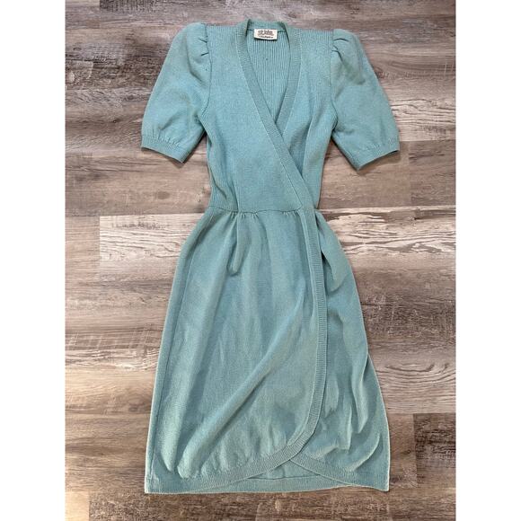 St. John Dresses & Skirts - Vintage St. John for Saks Fifth Avenue Knit Wrap Dress Puff Sleeve Blue- Small